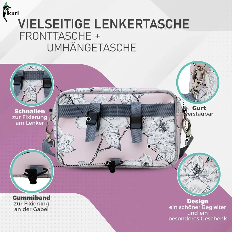 IKURI Lenkertasche Magnolia – wasserdicht, Lenker & Schulter, handgefertigt