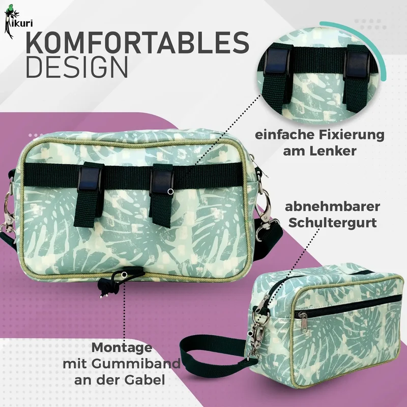 IKURI Lenkertasche Monstera – wasserdicht, Lenker & Schulter, handgefertigt
