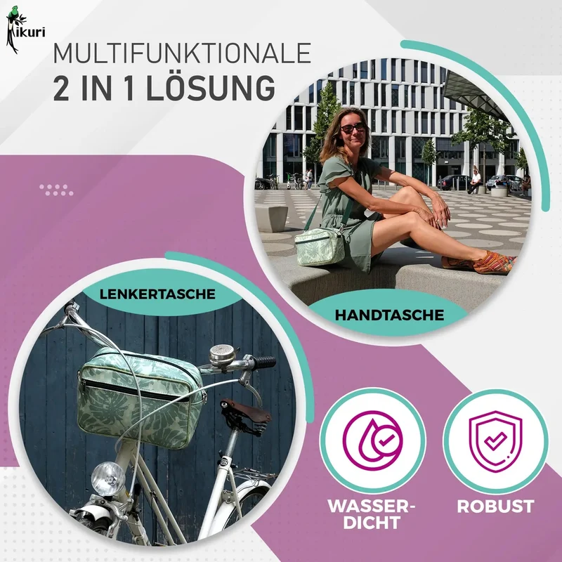 IKURI Lenkertasche Monstera – wasserdicht, Lenker & Schulter, handgefertigt