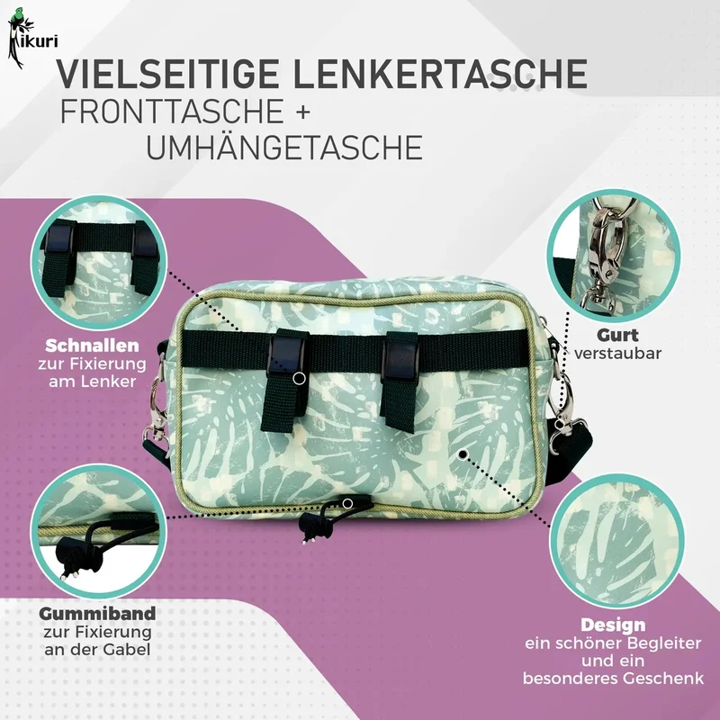 IKURI Lenkertasche Monstera – wasserdicht, Lenker & Schulter, handgefertigt
