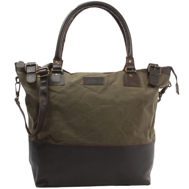 XXL Shopper Schultertasche Beuteltasche Leder Canvas grün LE2005
