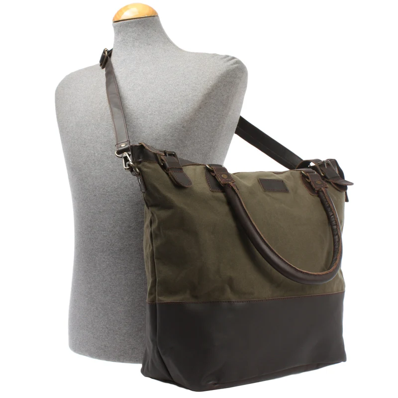 XXL Shopper Schultertasche Beuteltasche Leder Canvas grün LE2005