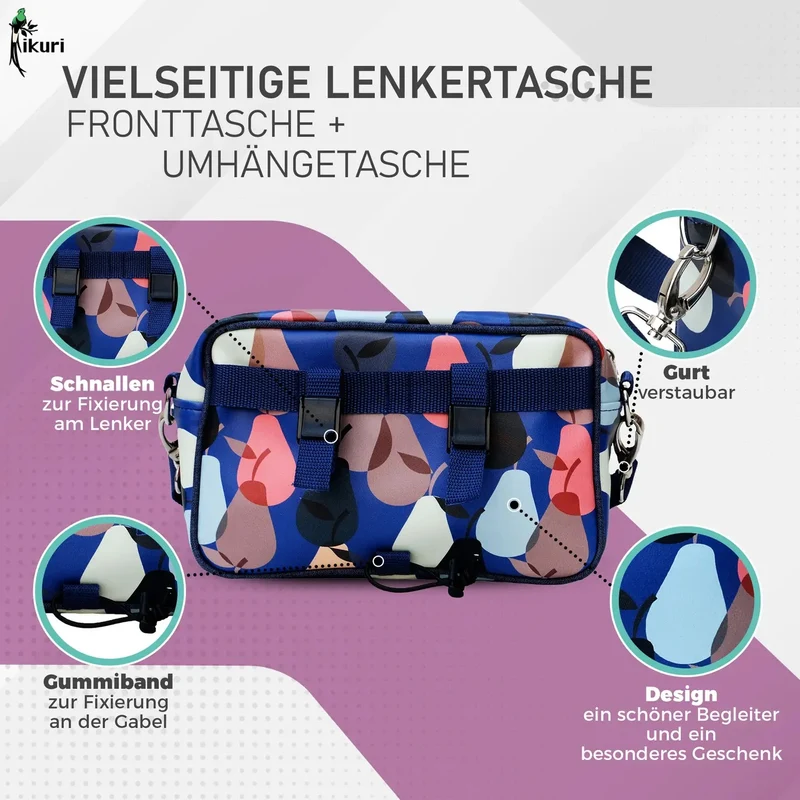 IKURI Lenkertasche Peras Blau – wasserdicht, Lenker & Schulter, handgefertigt