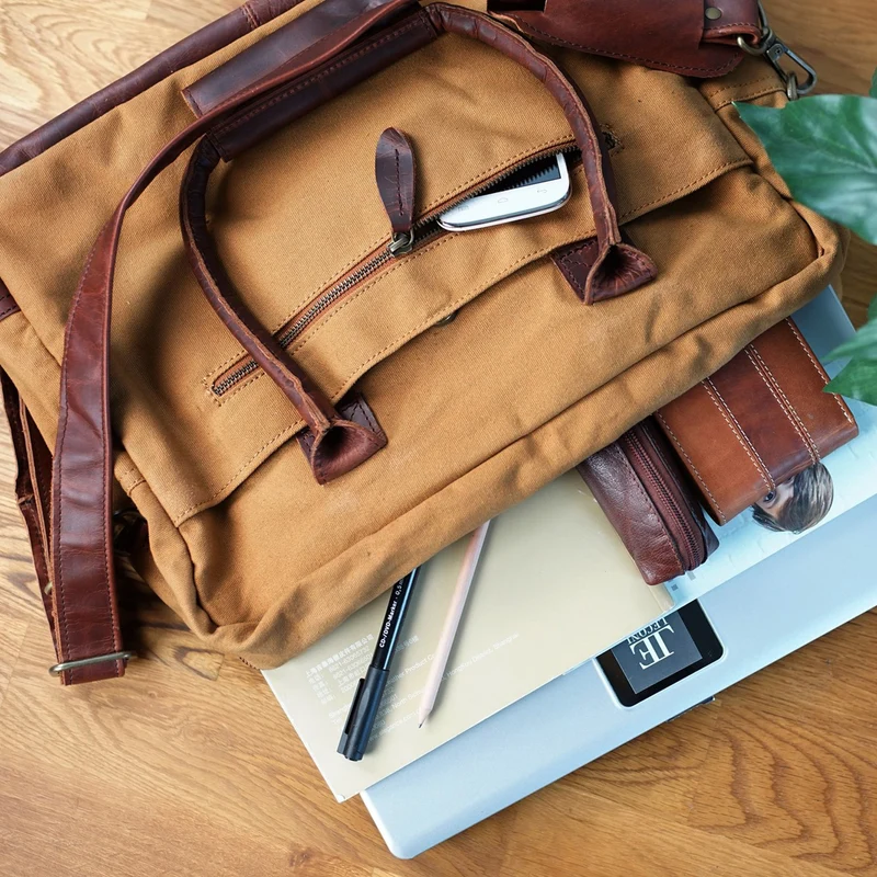 Handgepäck Arbeitstasche Damen Herren Leder Canvas cognac LE2007