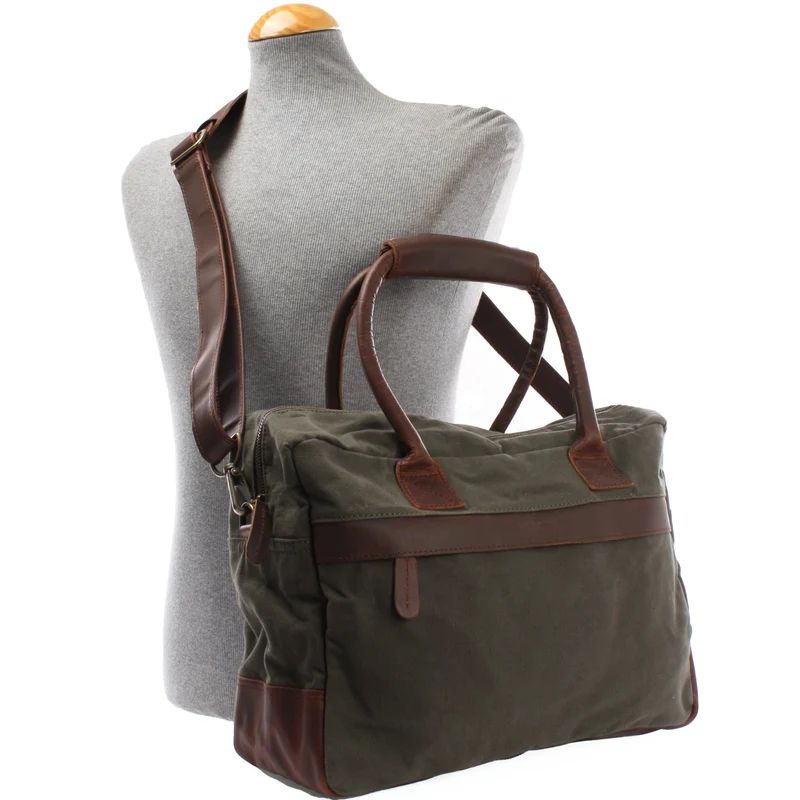 Handgepäck Arbeitstasche Damen Herren Leder Canvas grün LE2007