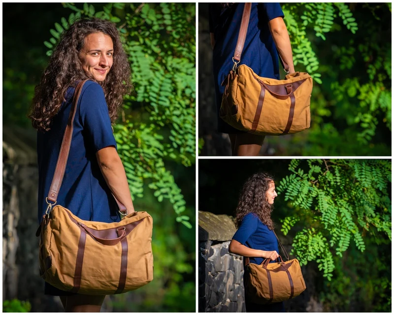 kleiner Weekender Sporttasche Canvas Leder 45cm cognac LE2009