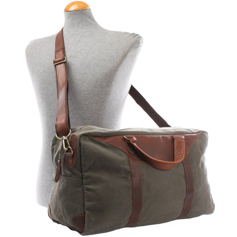 kleine Reisetasche Weekender Canvas Leder 45cm grün LE2009