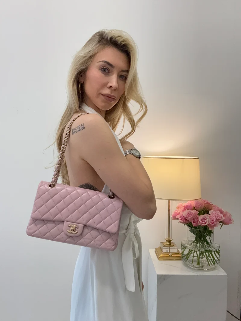 Chanel Pink Quilted Medium Classic Double Flap Bag 2017