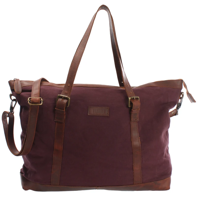 Weekender Reisetasche Shopper Damen Herren Leder Canvas bordeaux LE2013
