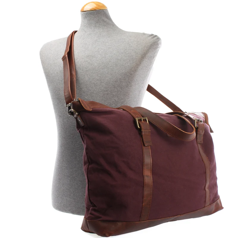 Weekender Reisetasche Shopper Damen Herren Leder Canvas bordeaux LE2013