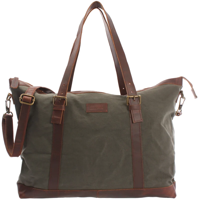 Weekender Reisetasche Shopper Damen Herren Leder Canvas grün LE2013
