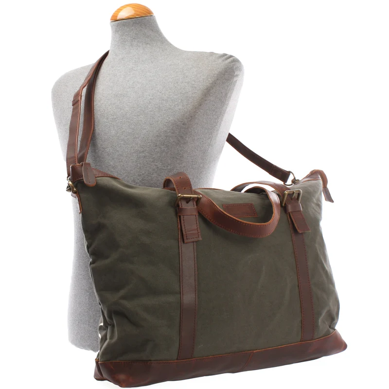 Weekender Reisetasche Shopper Damen Herren Leder Canvas grün LE2013