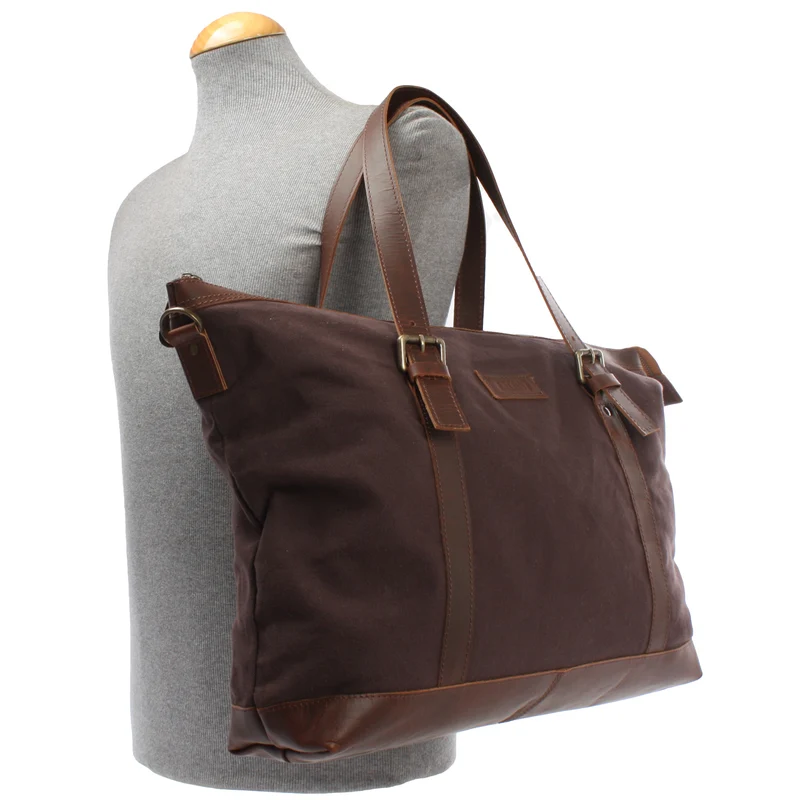 Weekender Reisetasche Shopper Damen Herren Leder Canvas mokka LE2013