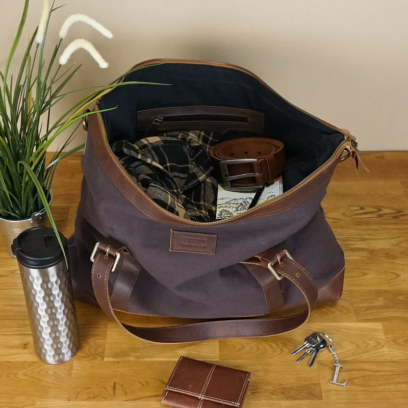 Weekender Reisetasche Shopper Damen Herren Leder Canvas mokka LE2013
