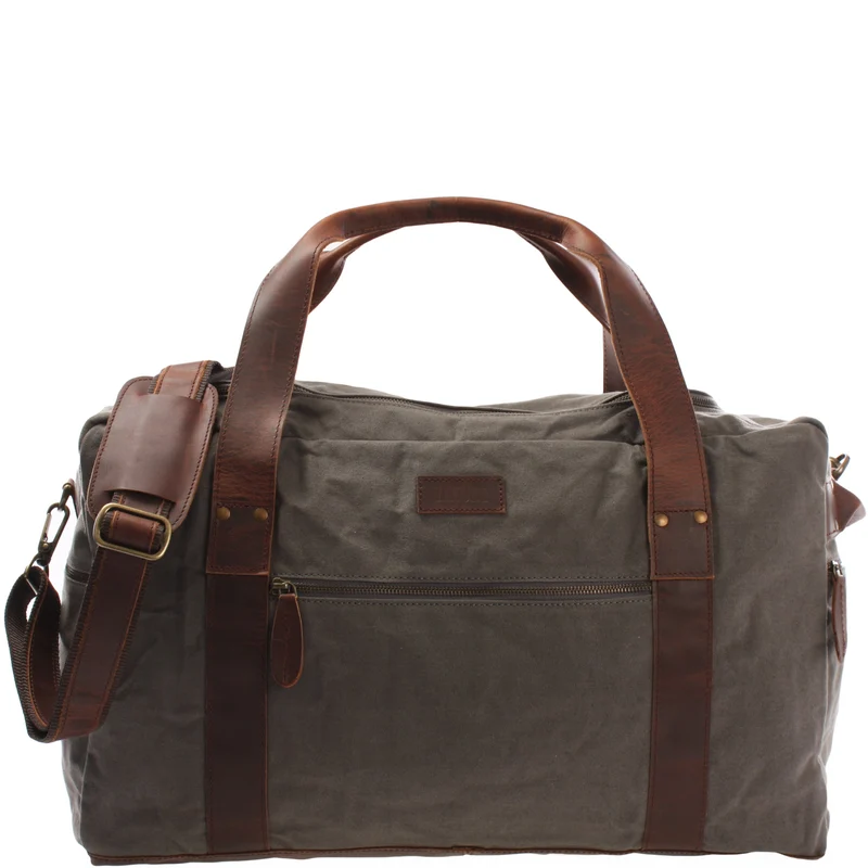 Weekender Sporttasche Reisetasche Damen Herren Leder Canvas 55cm grau LE2014