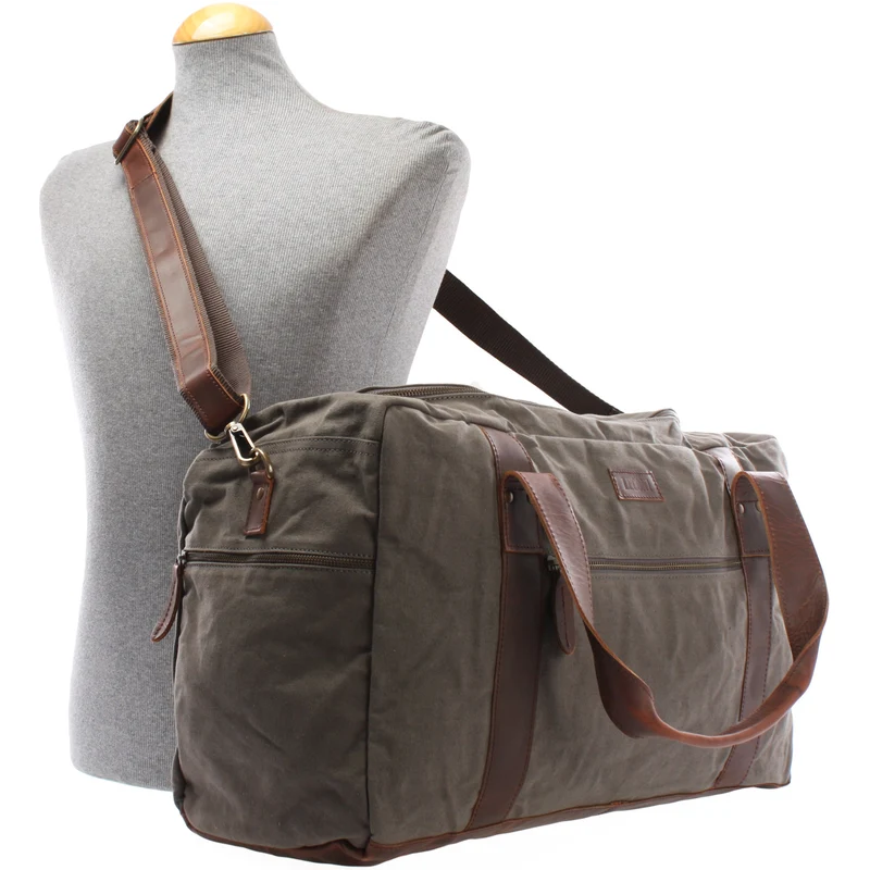 Weekender Sporttasche Reisetasche Damen Herren Leder Canvas 55cm grau LE2014