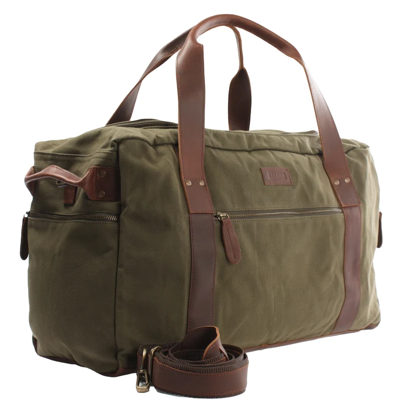Weekender Sporttasche Reisetasche Damen Herren Leder Canvas 55cm grün LE2014