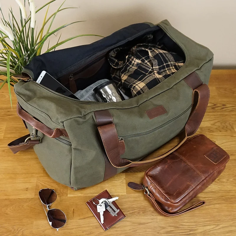 Weekender Sporttasche Reisetasche Damen Herren Leder Canvas 55cm grün LE2014
