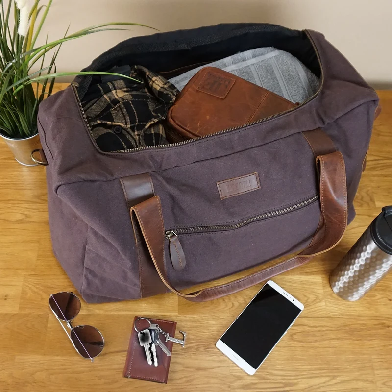 Weekender Sporttasche Reisetasche Damen Herren Leder Canvas 55cm mokka LE2014