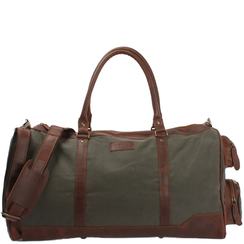 Reisetasche Weekender Sporttasche Damen Herren Leder Canvas 55cm grün LE2017