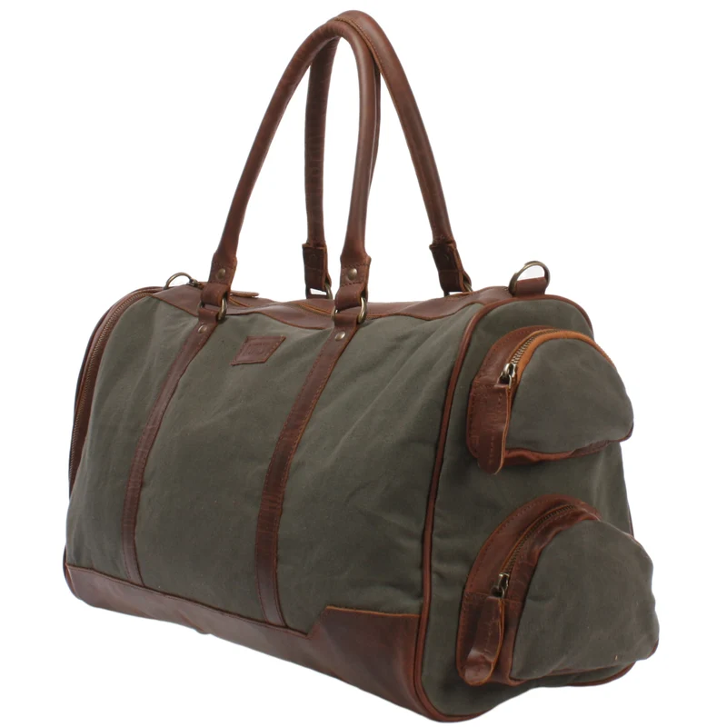 Reisetasche Weekender Sporttasche Damen Herren Leder Canvas 55cm grün LE2017