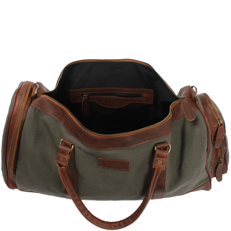 Reisetasche Weekender Sporttasche Damen Herren Leder Canvas 55cm grün LE2017