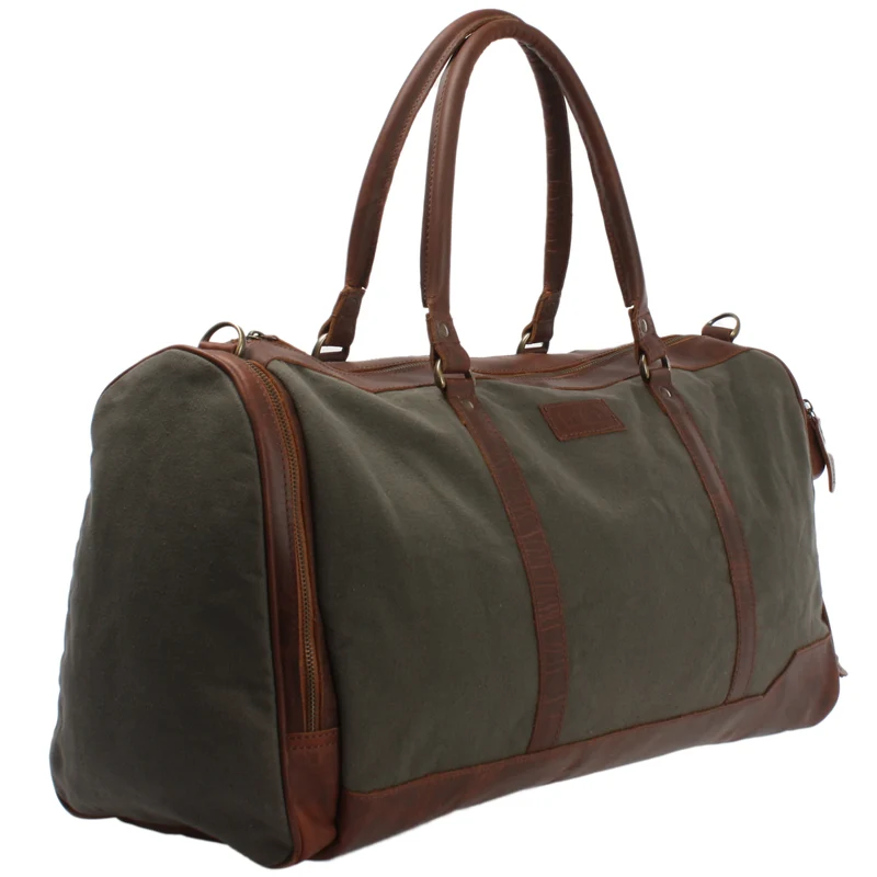 Reisetasche Weekender Sporttasche Damen Herren Leder Canvas 55cm grün LE2017