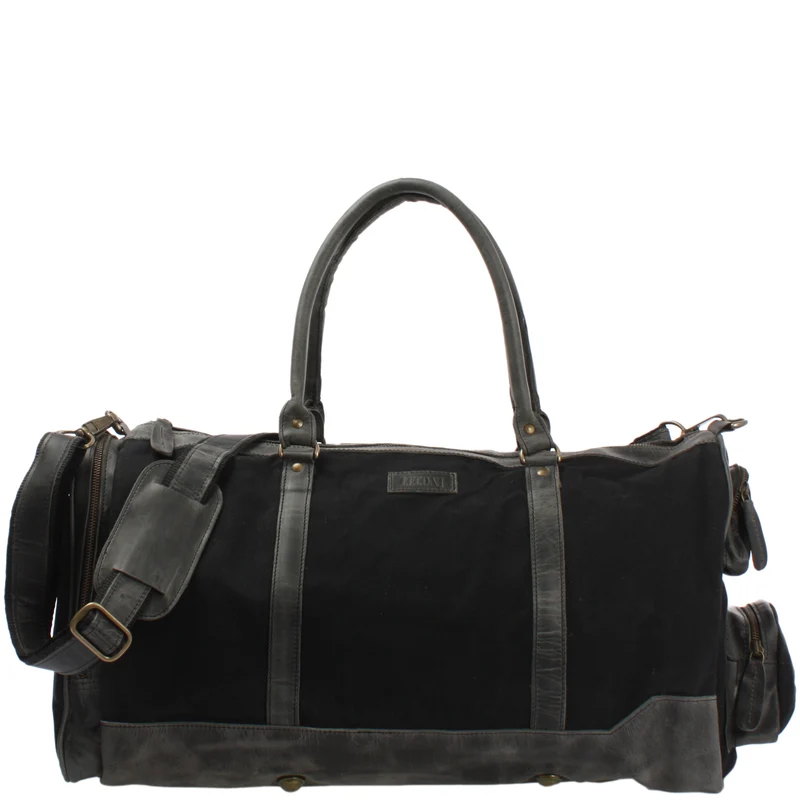 Reisetasche Weekender Sporttasche Damen Herren Leder Canvas 55cm schwarz LE2017