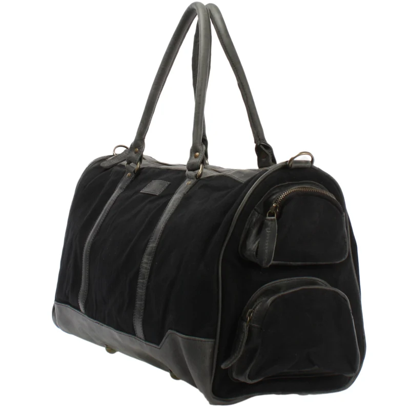 Reisetasche Weekender Sporttasche Damen Herren Leder Canvas 55cm schwarz LE2017