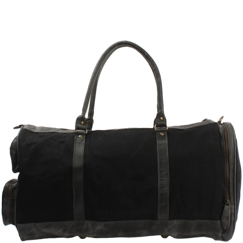 Reisetasche Weekender Sporttasche Damen Herren Leder Canvas 55cm schwarz LE2017
