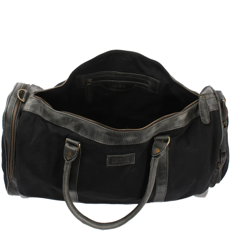 Reisetasche Weekender Sporttasche Damen Herren Leder Canvas 55cm schwarz LE2017