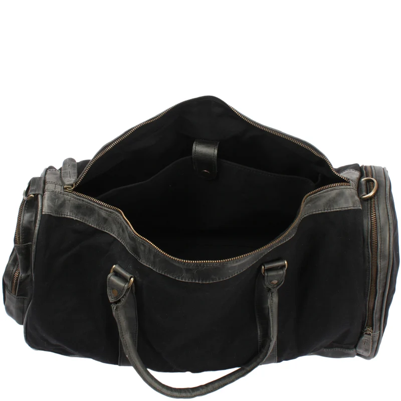 Reisetasche Weekender Sporttasche Damen Herren Leder Canvas 55cm schwarz LE2017