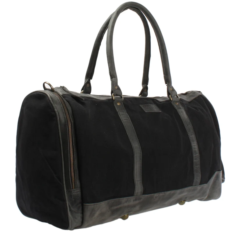 Reisetasche Weekender Sporttasche Damen Herren Leder Canvas 55cm schwarz LE2017