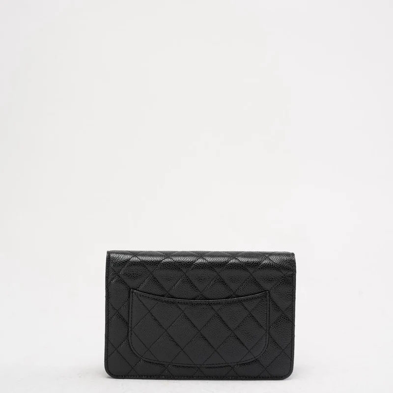 Chanel Schwarze klassische Brieftasche mit Kette (WOC) Caviar 2014