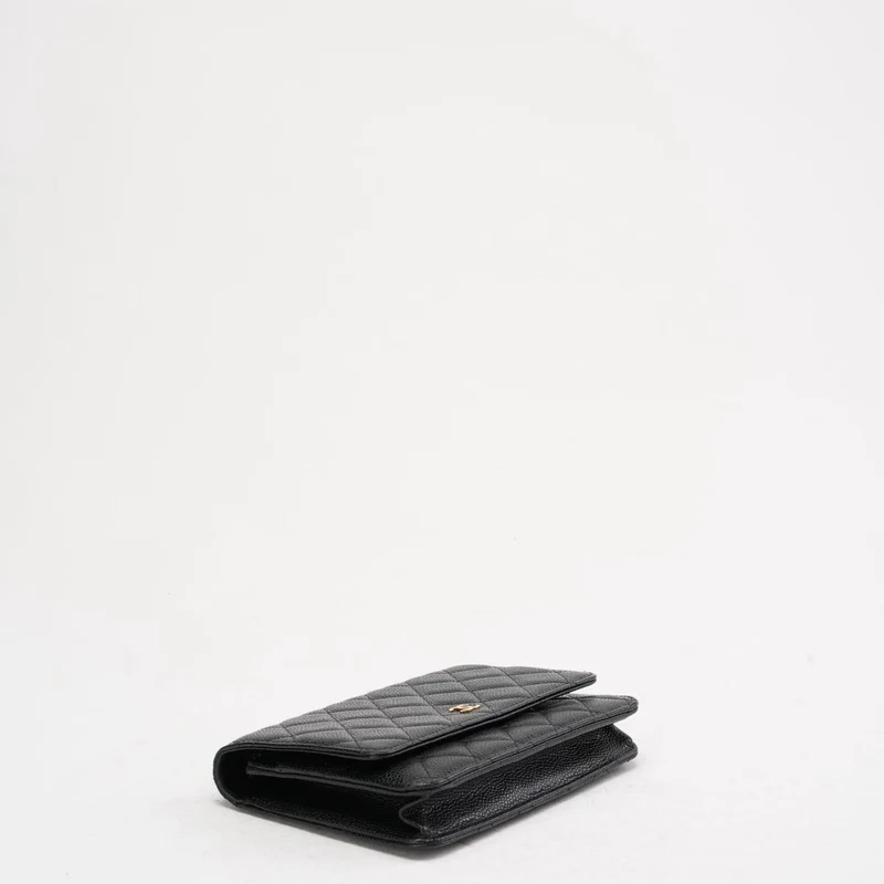 Chanel Schwarze klassische Brieftasche mit Kette (WOC) Caviar 2014