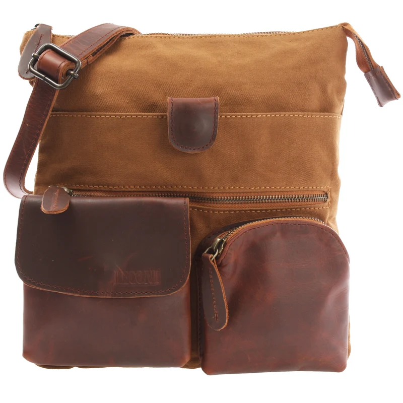 Umhängetasche Schultertasche Damen Herren Used Look Leder Canvas cognac LE3011