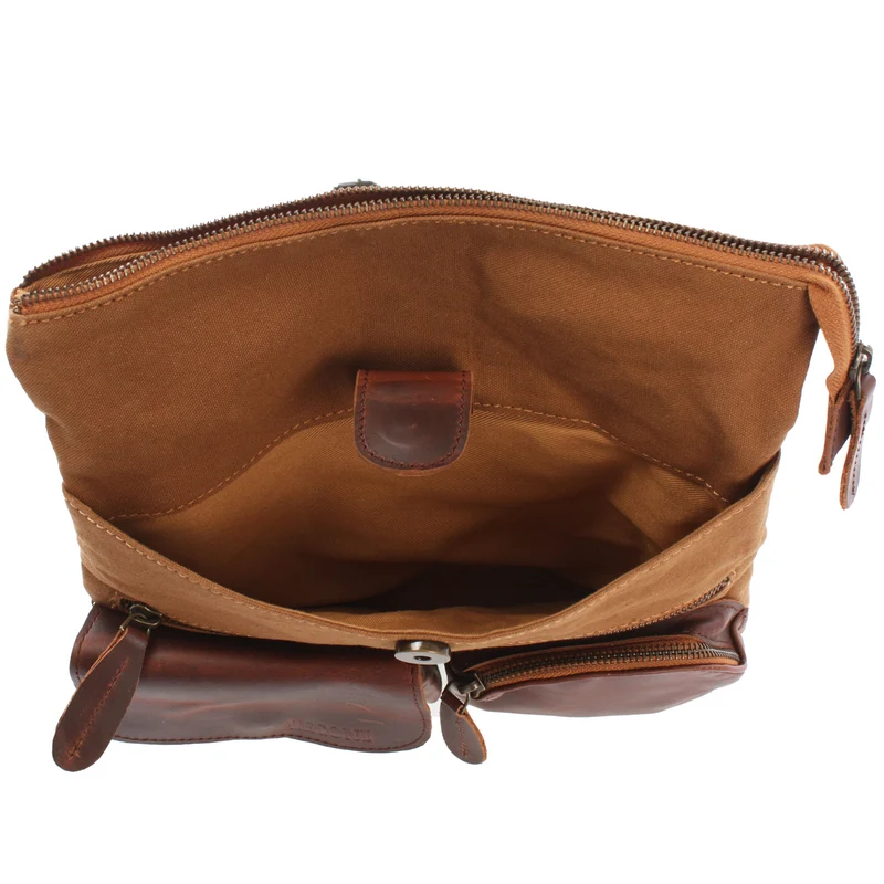Umhängetasche Schultertasche Damen Herren Used Look Leder Canvas cognac LE3011