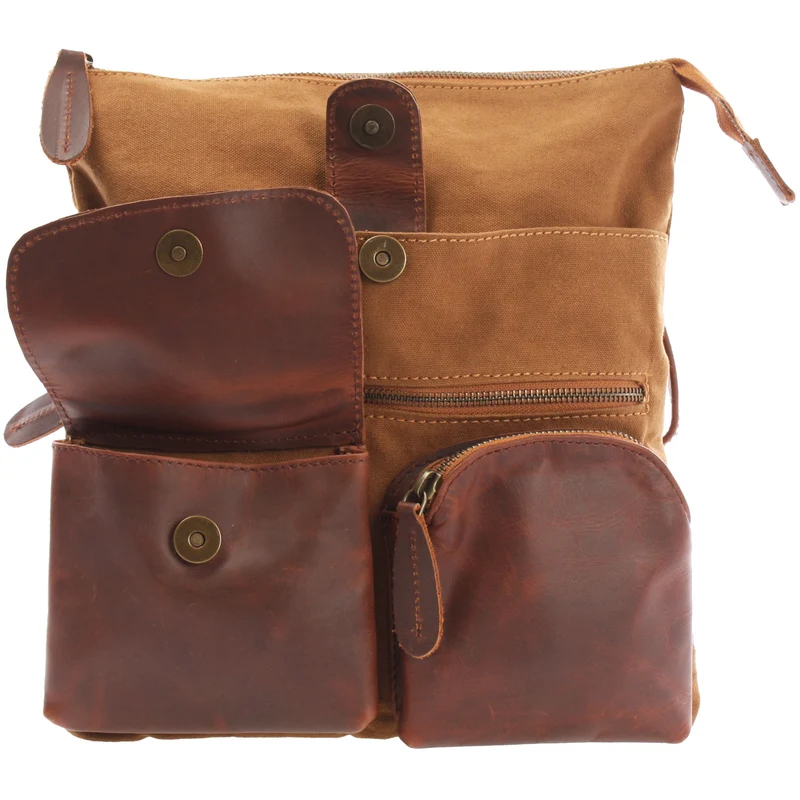 Umhängetasche Schultertasche Damen Herren Used Look Leder Canvas cognac LE3011