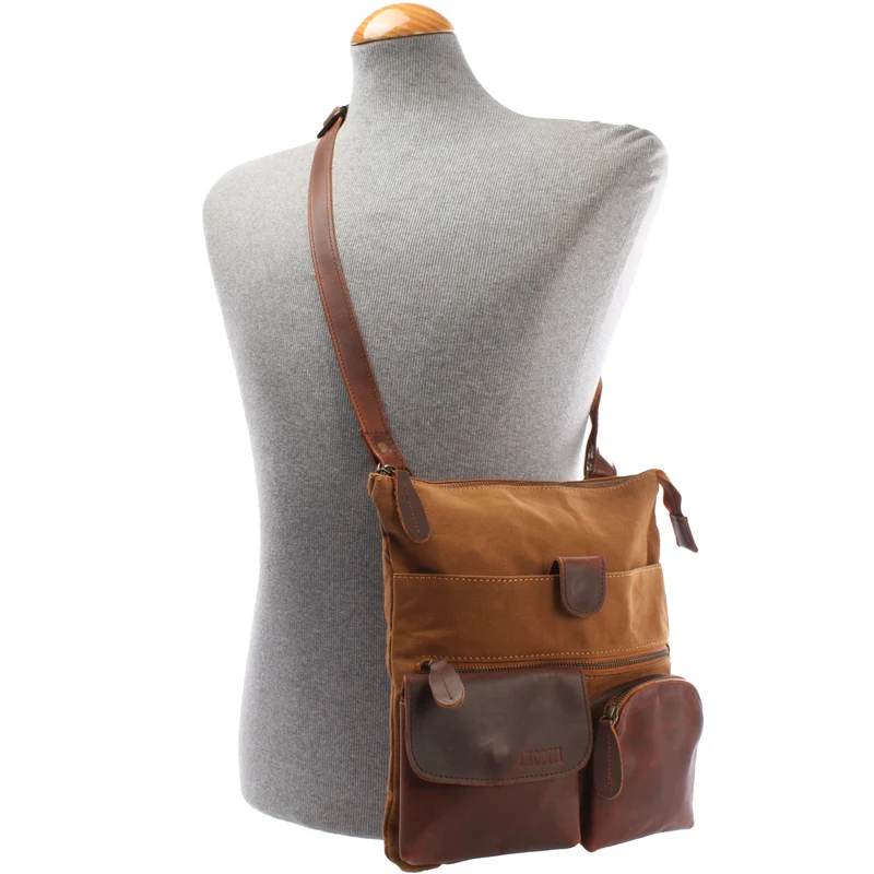Umhängetasche Schultertasche Damen Herren Used Look Leder Canvas cognac LE3011