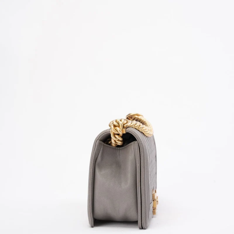 Chanel Boy Medium Grey Flap Bag Quilted Caviar 2019