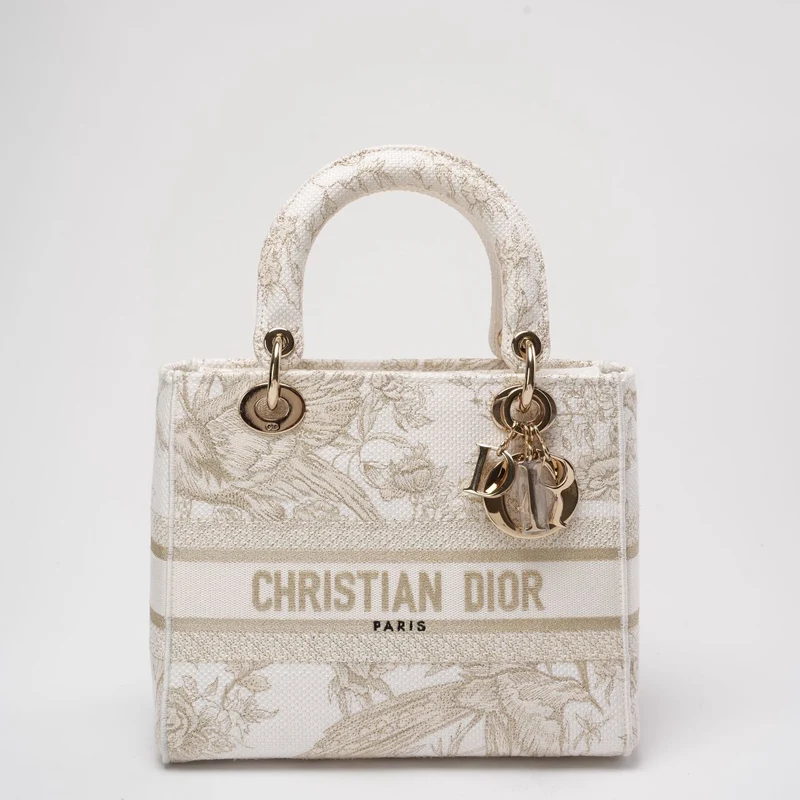 Christian Dior Weiß/Gold Canvas Rückseite bestickt Toile De Joy Medium Lady D-Lite