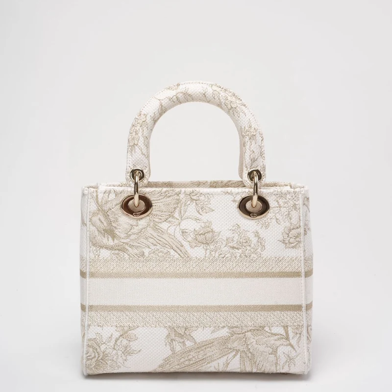 Christian Dior Weiß/Gold Canvas Rückseite bestickt Toile De Joy Medium Lady D-Lite