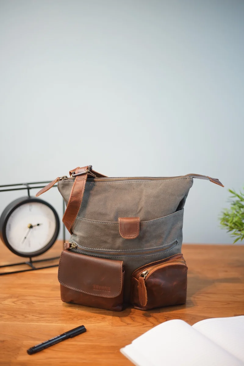 Umhängetasche Schultertasche Damen Herren Used Look Leder Canvas grau LE3011