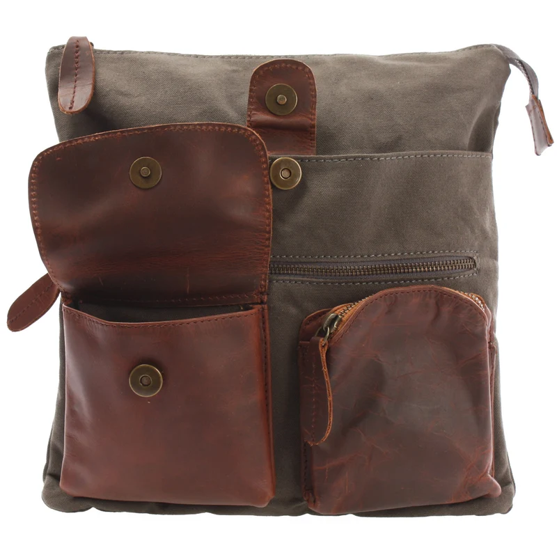 Umhängetasche Schultertasche Damen Herren Used Look Leder Canvas grau LE3011