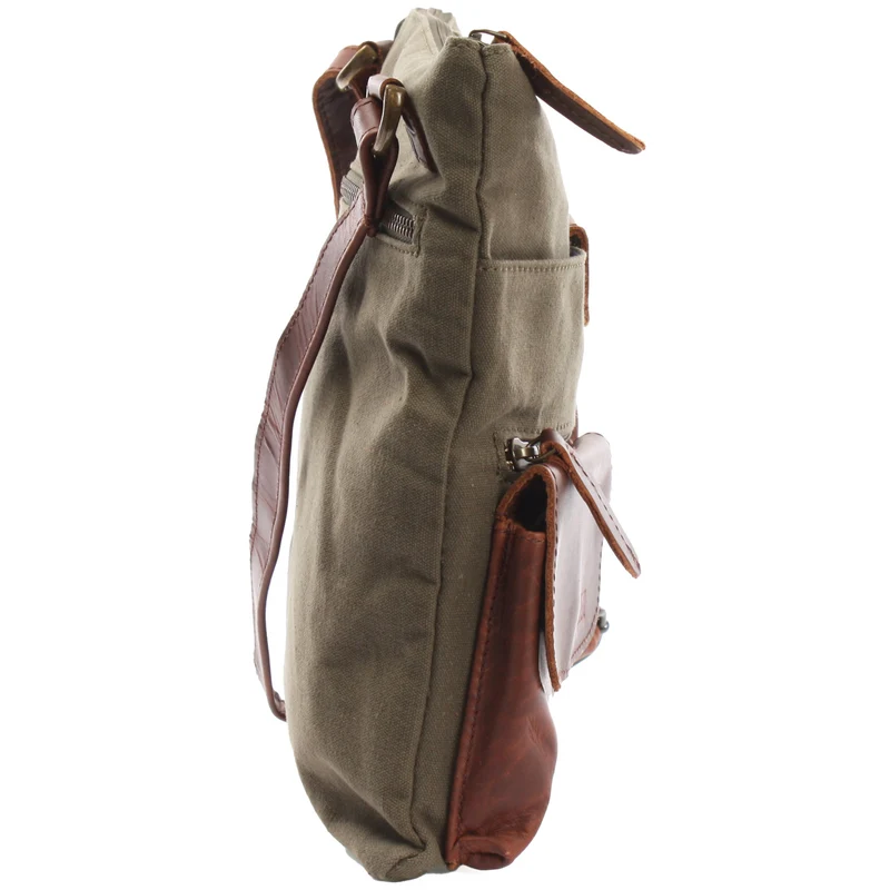 Umhängetasche Schultertasche Damen Herren Used Look Leder Canvas grün LE3011