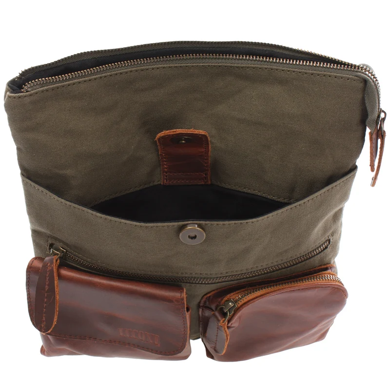 Umhängetasche Schultertasche Damen Herren Used Look Leder Canvas grün LE3011