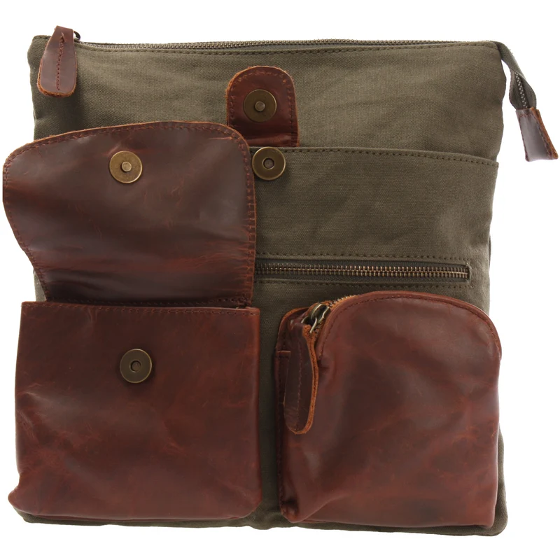 Umhängetasche Schultertasche Damen Herren Used Look Leder Canvas grün LE3011
