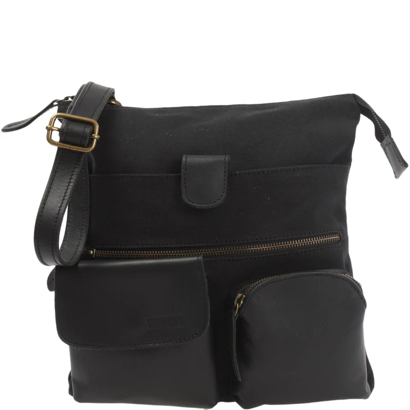 Umhängetasche Schultertasche Damen Herren Used Look Leder Canvas schwarz LE3011