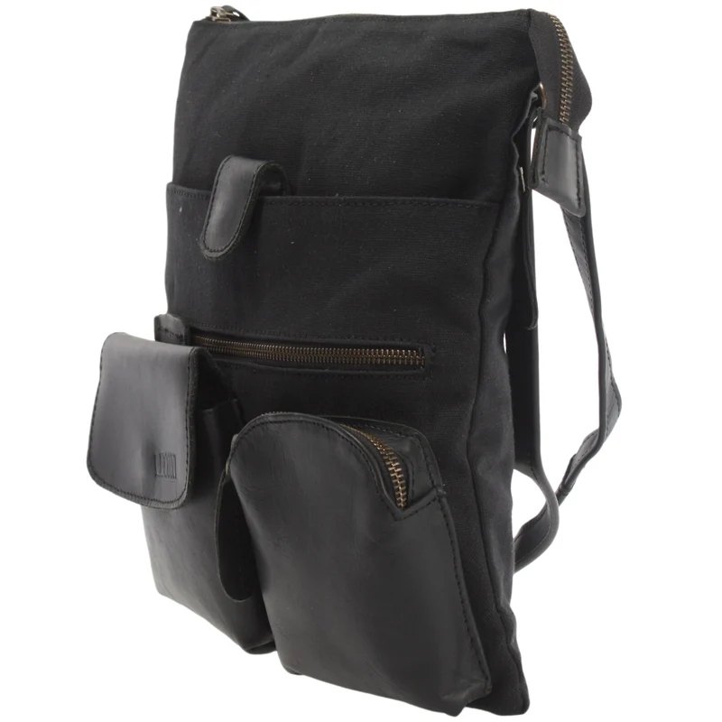 Umhängetasche Schultertasche Damen Herren Used Look Leder Canvas schwarz LE3011