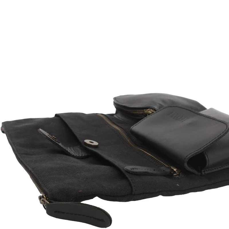 Umhängetasche Schultertasche Damen Herren Used Look Leder Canvas schwarz LE3011